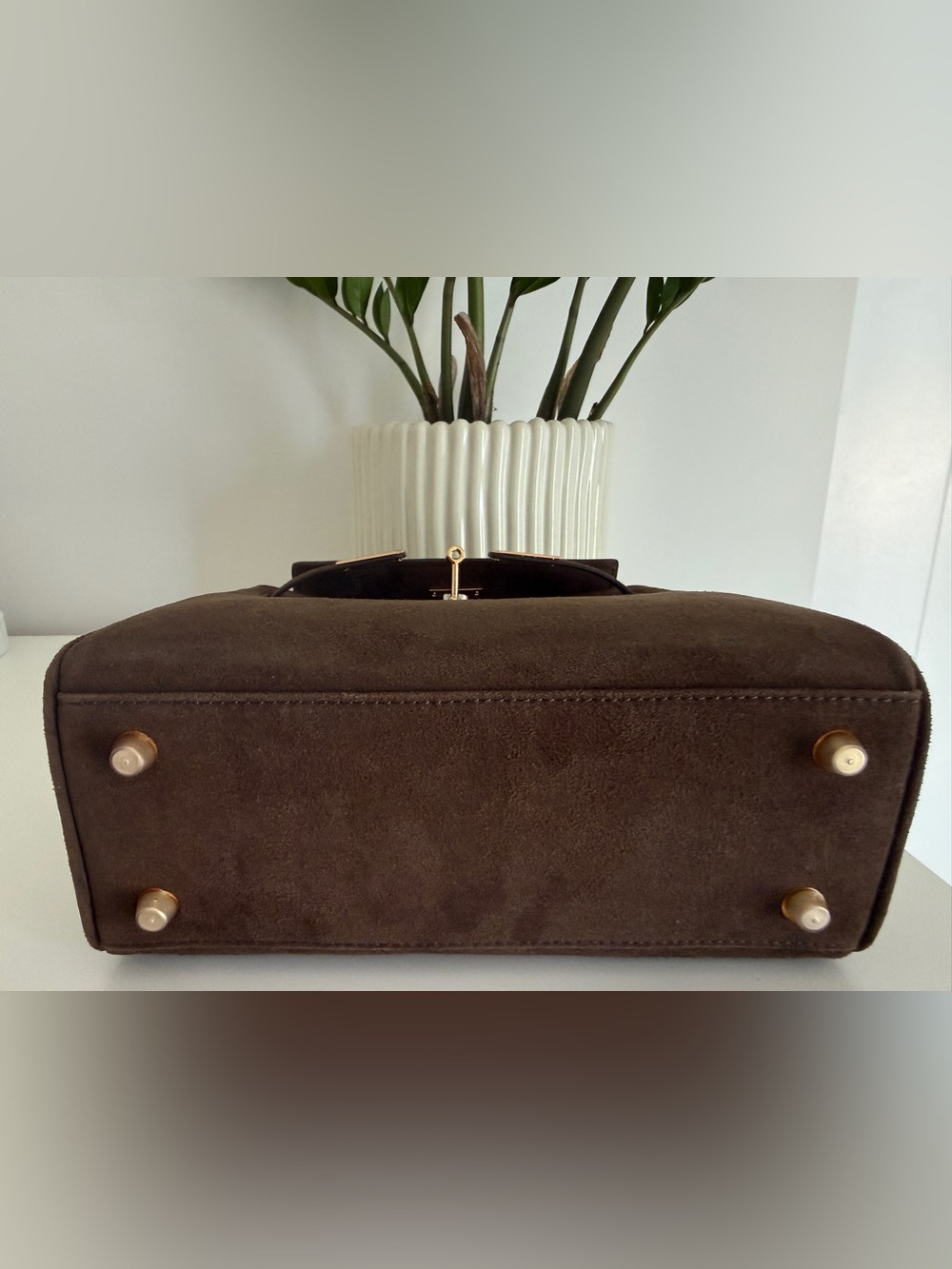 Kelly Inspired Genuine Suede Handbag Chocolate Brown - Picture 6 of 7